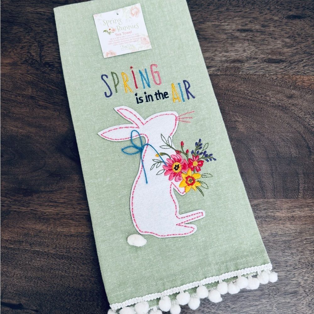 Easter Spring Bunny Rabbit Green Embroidered Dish Towel Tea Towel